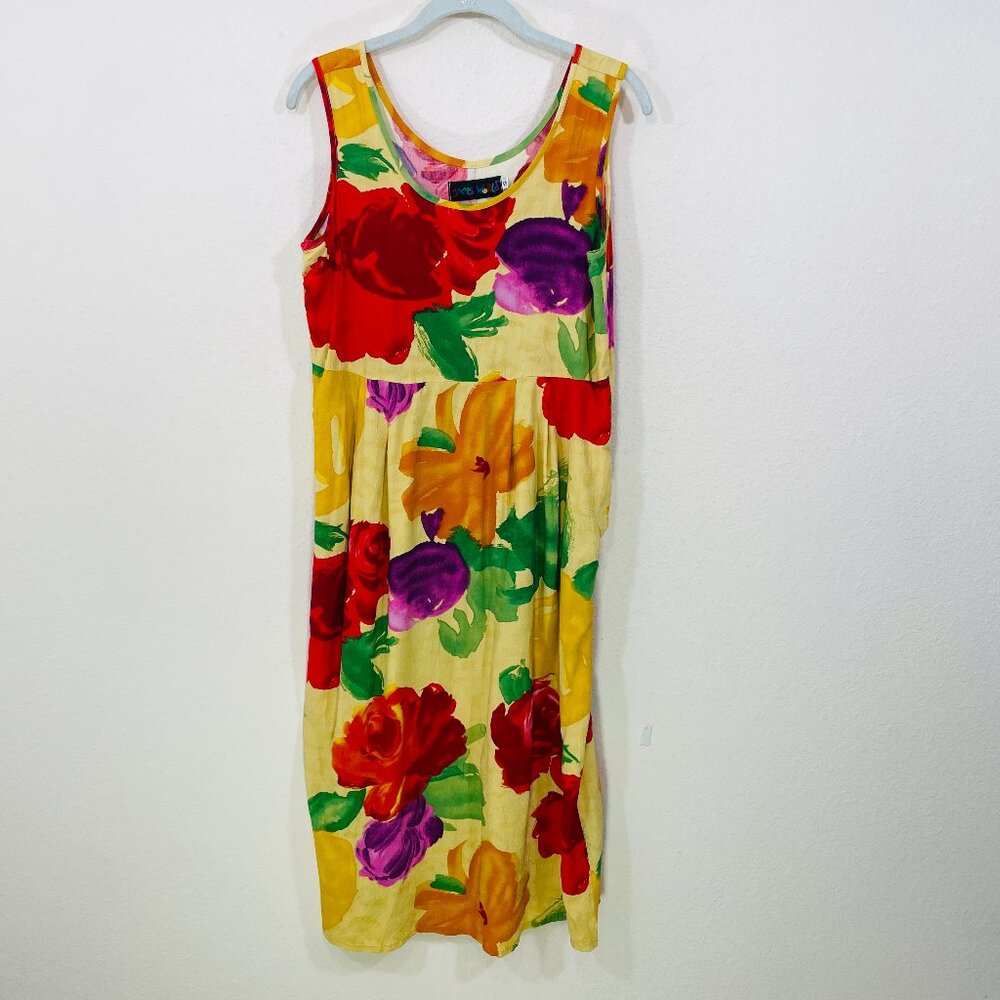 Vtg Jams World Dress Small  Sleeveless Midi Rose Heaven‎ Yellow Floral Pockets